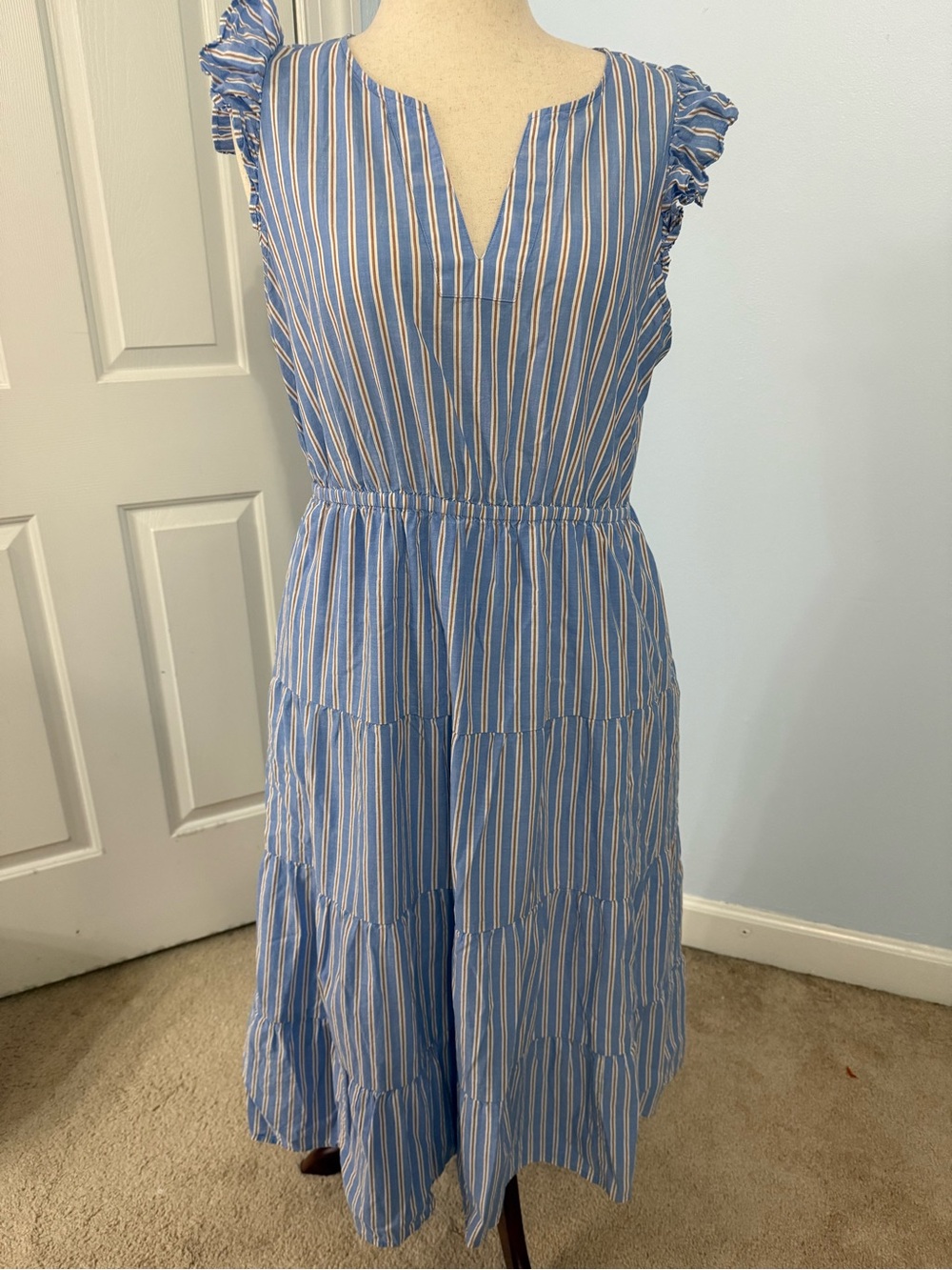 J. Crew Blue and White Striped Tiered Midi Dress
